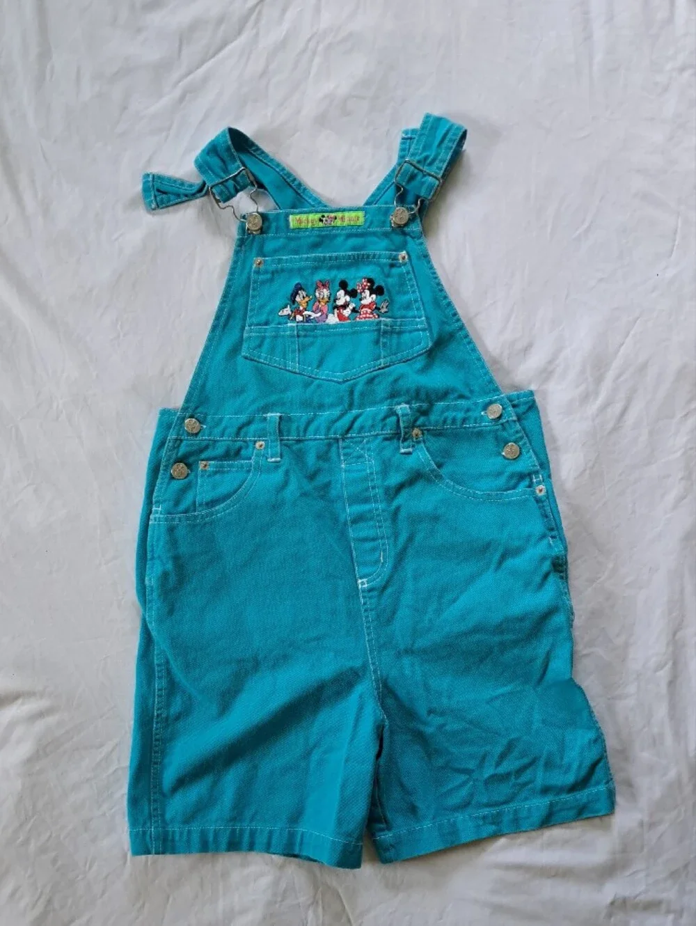 Disney By Jerry Leigh Teal Kids Short Overalls with Mickey & Friends‎ Embroidery